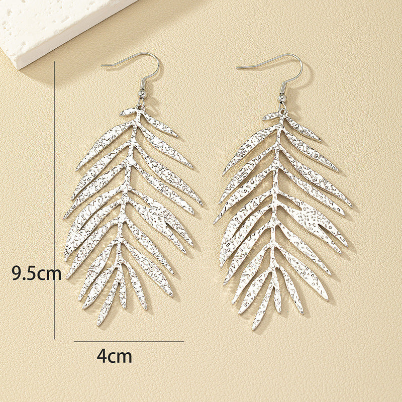 Exaggerated Feather Metal Earrings with Retro European Charm