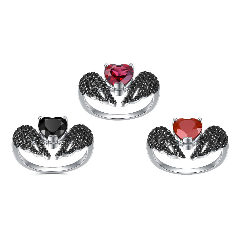 Darkness Wings Heart Shape Natural Gemstone Silver Ring