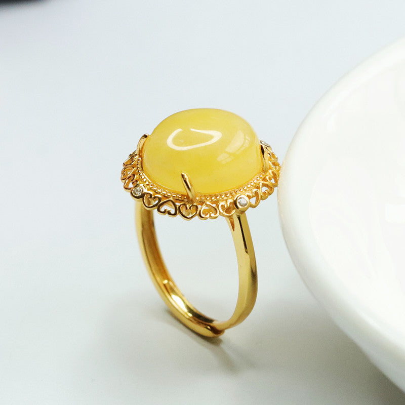 Love Hollow Sterling Silver Adjustable Beeswax Amber Ring