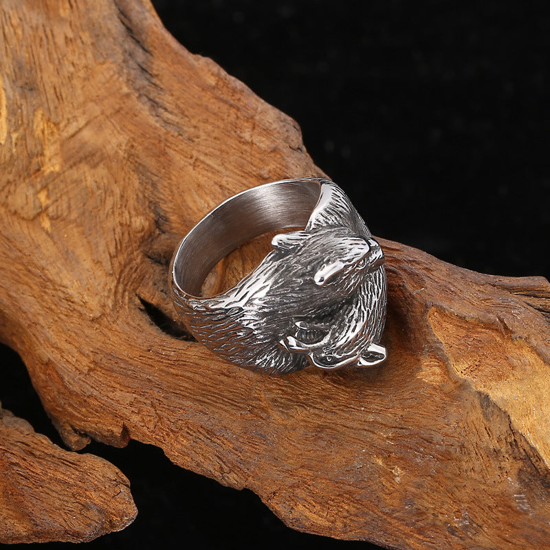 European and American Retro Double Wolf Head Men's Titanium Steel Ring - Fashionable and Dominant Design