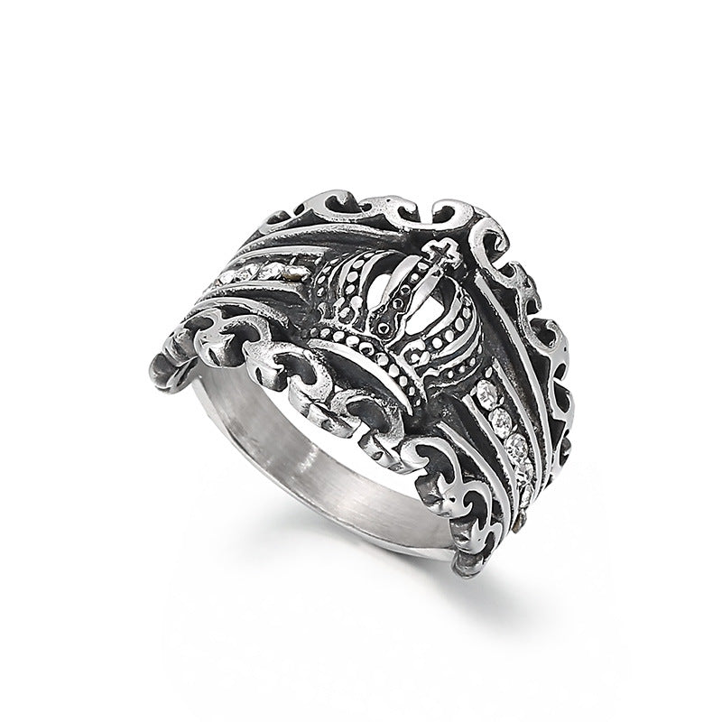 European and American Retro Crown Zircon Inlaid Titanium Steel Men's Ring for Unique Style