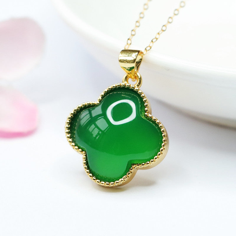 Green Chalcedony Four-leaf Clover Pendant Golden Neckalce Jewelry