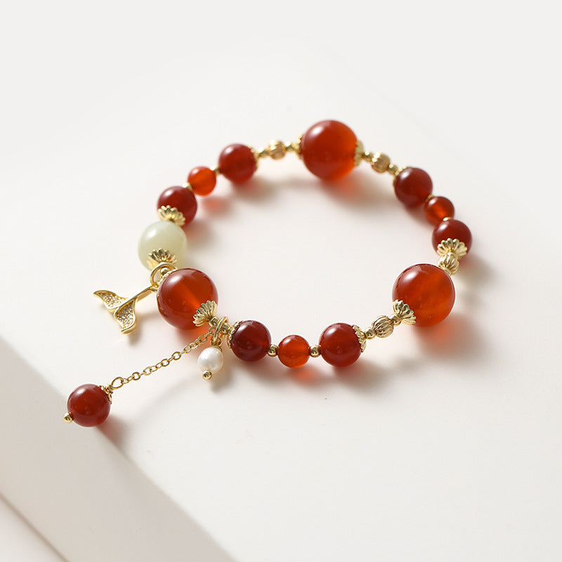 Chinese Style Red Agate and Sterling Silver Bracelet