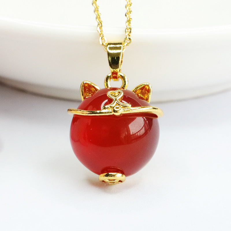 Round Bead Red Agate Wealth Cat Pendant Necklace Jewelry