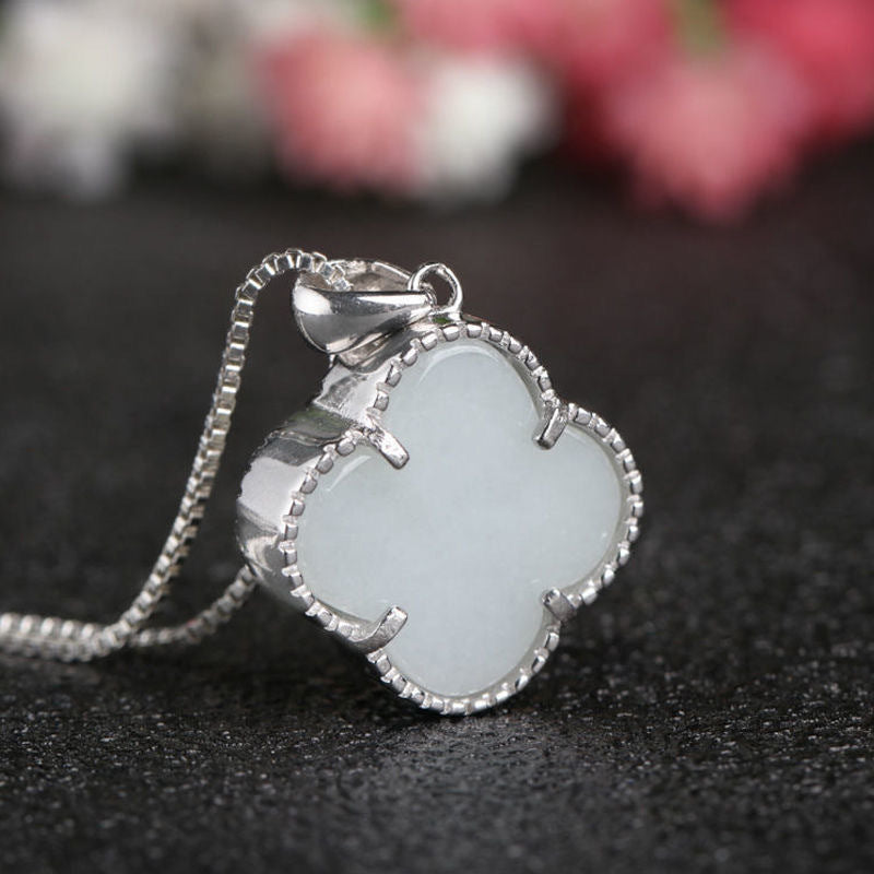 Four-leaf Clover White Jade Sterling Silver Necklace by Planderful Collection