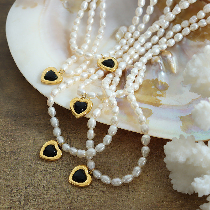 Baroque Pearl and Glass Stone Necklace with Peach Heart Detail