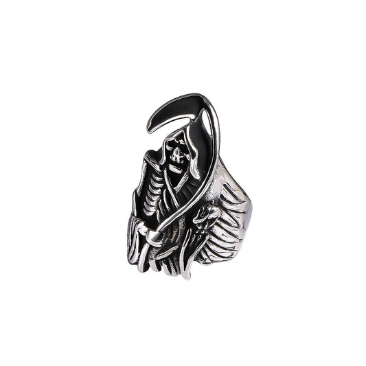 Punk Hip Hop Titanium Steel Skull Ring with Halloween Ghost Head Sickle for Men