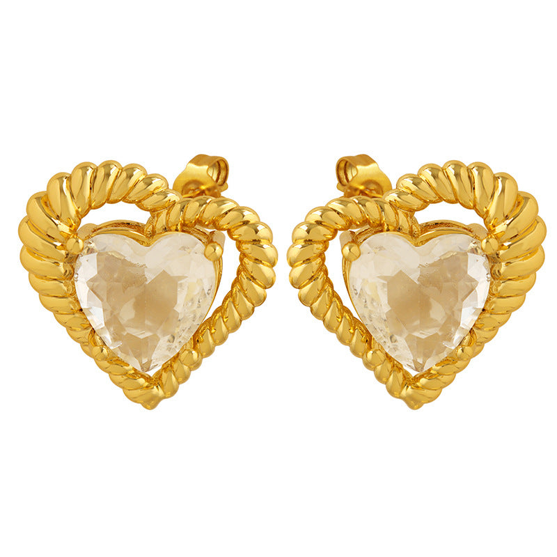 Peach Heart Love Earrings Set: Elegant French Style Zircon Brass Earrings