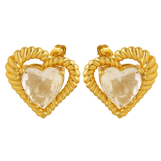 Peach Heart Love Earrings Set: Elegant French Style Zircon Brass Earrings