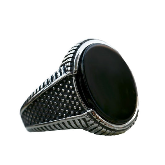 Stainless Steel Black Agate Men's Ring - Retro Titanium Steel Fashion Band for Everyday Wear, Sizes 7-13