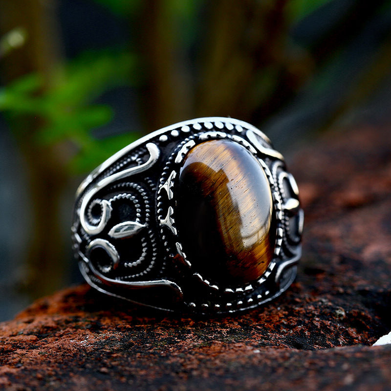 Retro Titanium Steel Tiger's Eye Inlaid Ring for Men - Hot Sale Cross-Border Wholesale