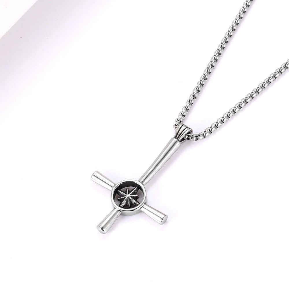 Stylish Stainless Steel Cross Necklace with Star Flower Pendant - Punk Hip-Hop Design for Men