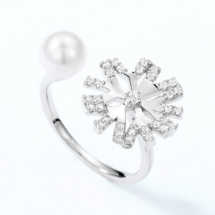 Zircon Snowflake and Round Pearl Opening Sterling Silver Ring