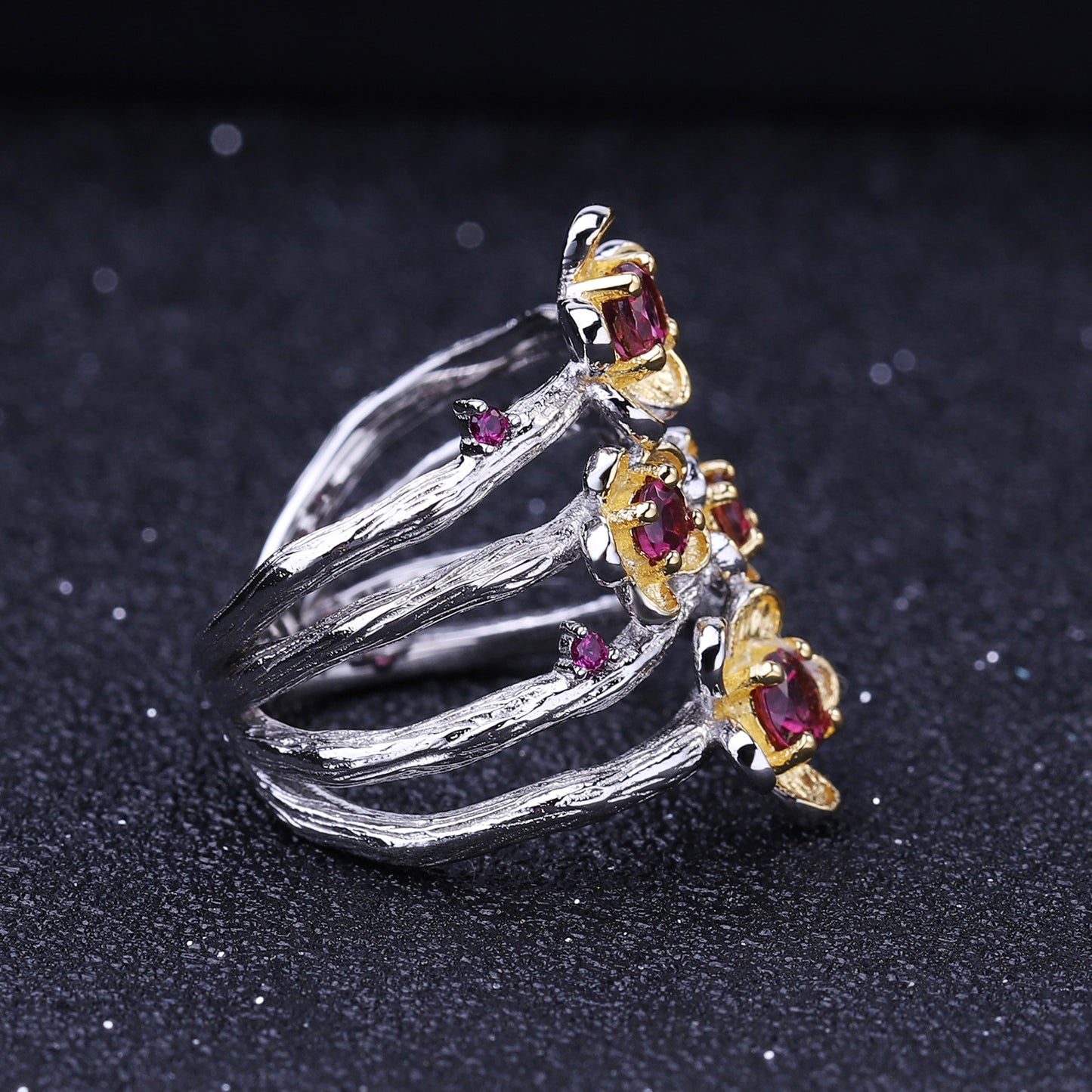 Four Layers Split Shank Golden Flowers Natural Gemstones Silver Ring