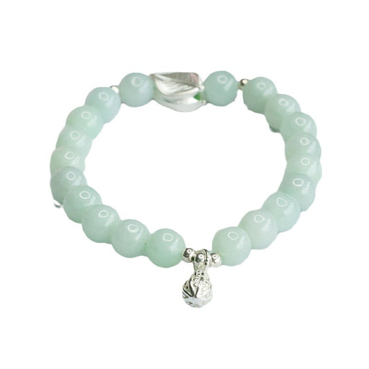 Fortune's Favor Sterling Silver Jade Bracelet with Peanut Leaf Design