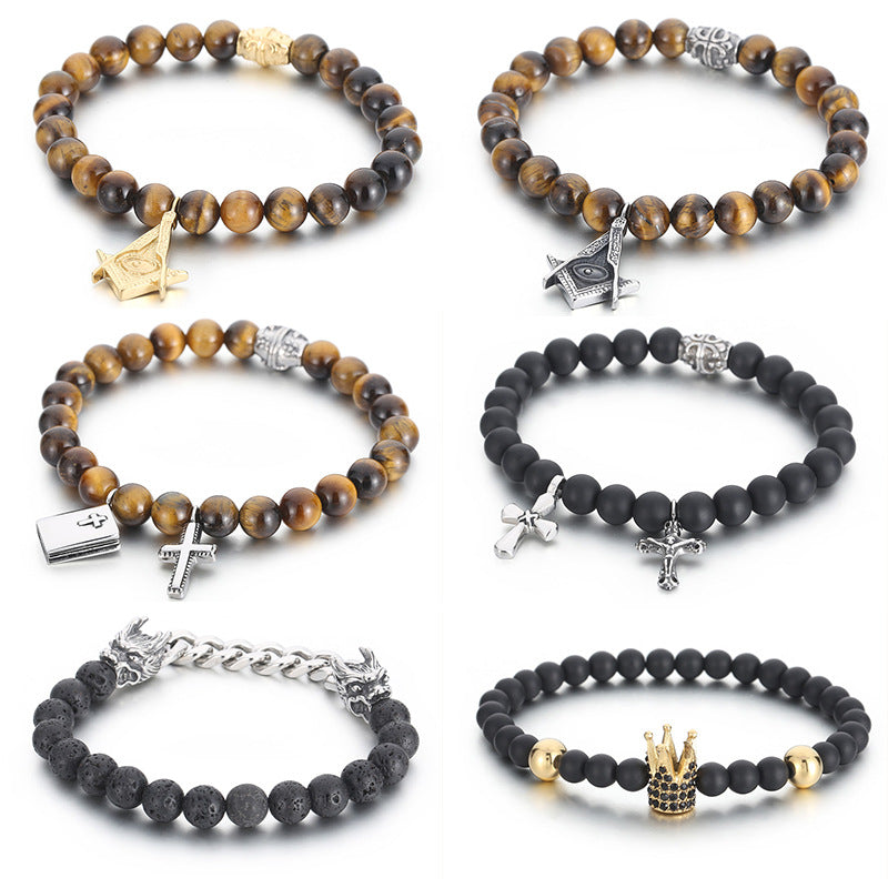 Men's Crown Bracelet with Black Agate and Tiger's Eye – Elegant Masonic Design