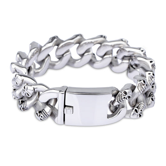 Stylish Double-Row Skull Titanium Steel Bracelet for Men - European and American Fashion