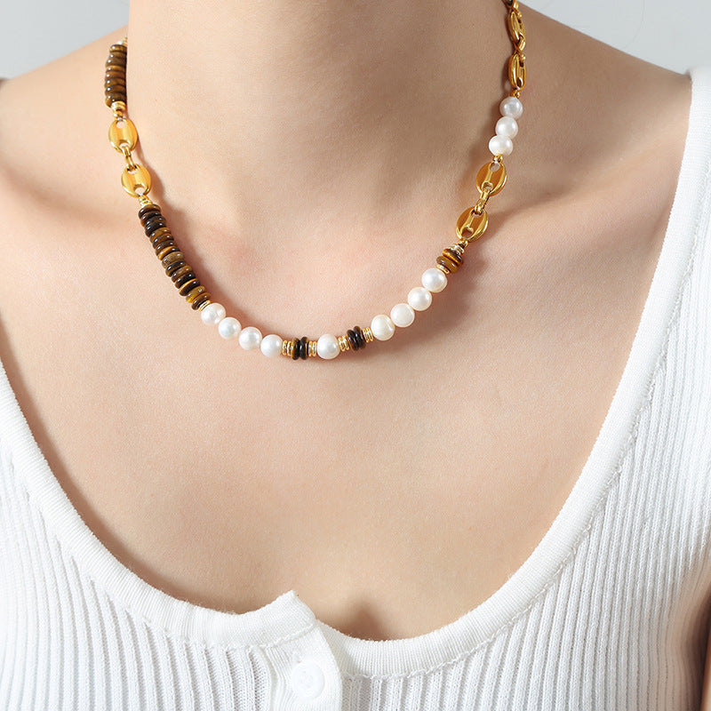 Elegant Tiger Eye and Freshwater Pearl Pig Nose Chain Jewelry Set for Women