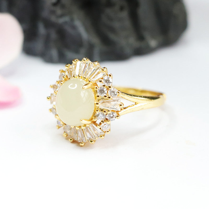 Elegant Hetian Jade Oval Ring with Zircon Accent