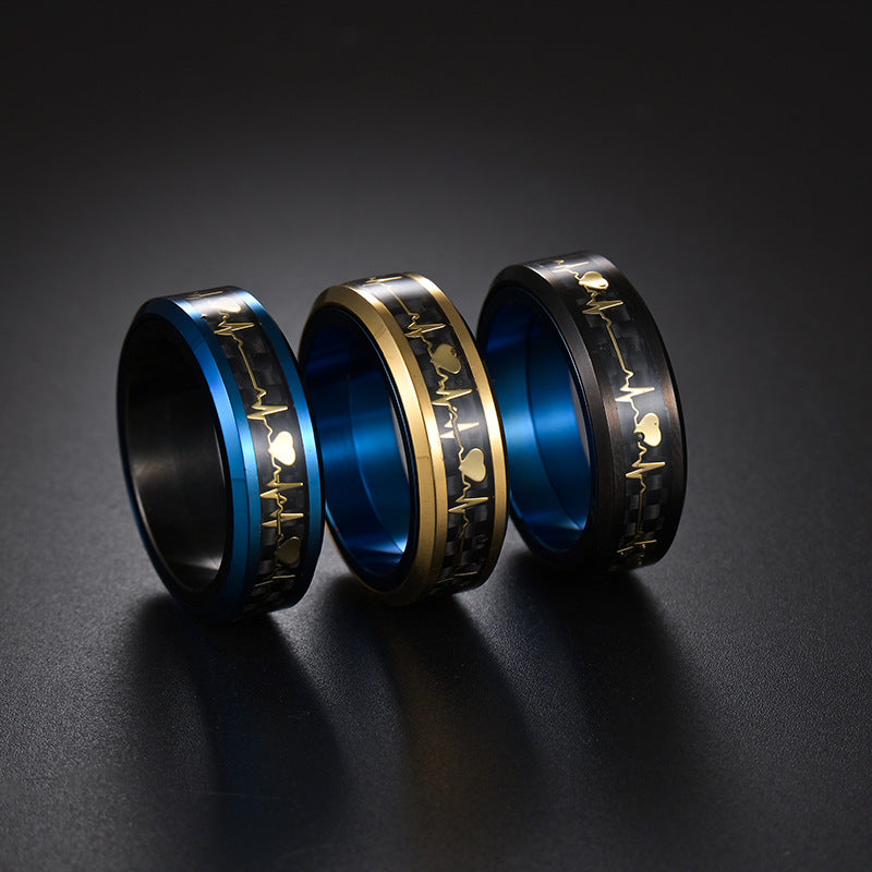 Rotating Titanium Steel Carbon Fiber Men's Ring with ECG Beat Pattern - Cross-border Amazon Exclusive