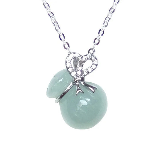 Lucky Money Bag Sterling Silver Necklace with Natural Jade and Zircon