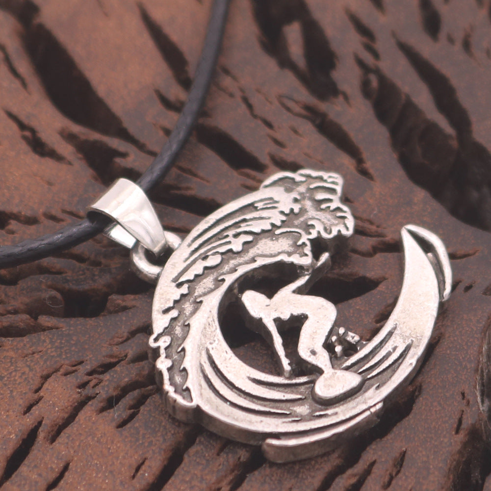 Hawaii Sea Wave Alloy Necklace - Men's Outdoor Pendant with European Charm