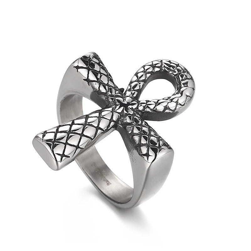 Custom Snake Design U-Shaped Ring, Retro Punk Titanium Steel Men's Egyptian Cross Ring - Size 9-13