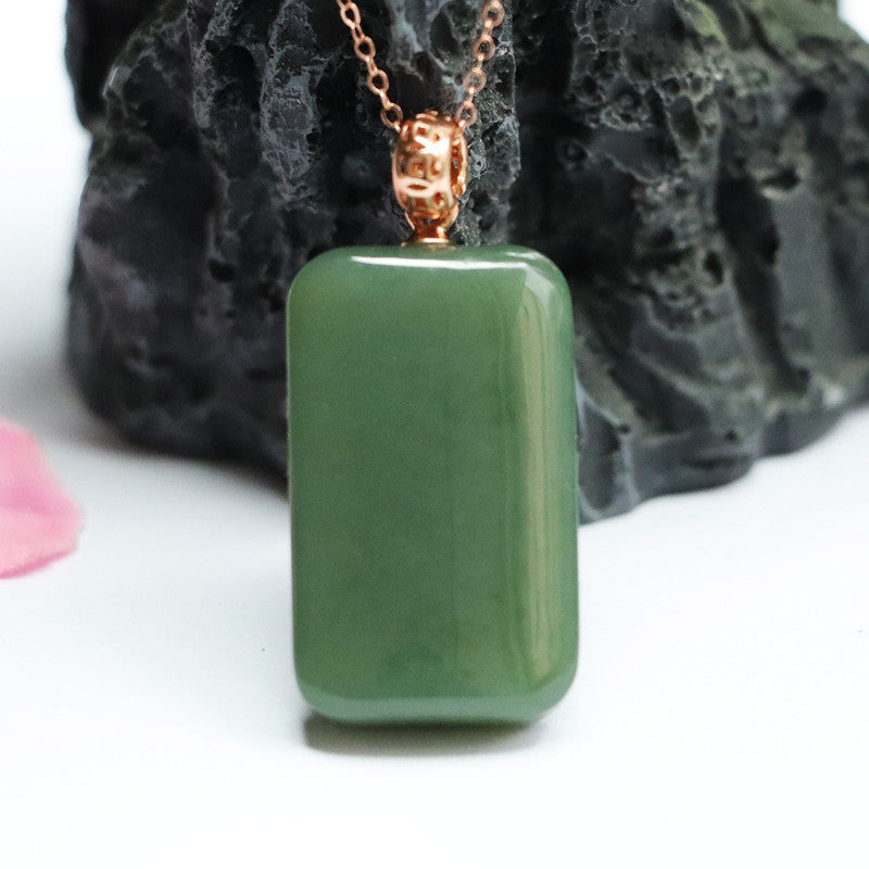 Rectangular Hetian Jade Pendant Necklace in Sterling Silver