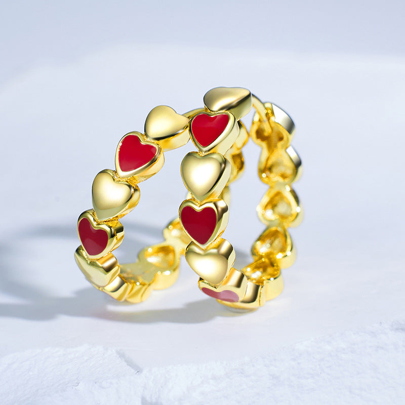 Red and Golden Heart Sterling Silver Hoop Earrings