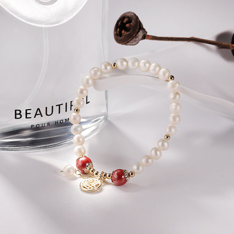 Fortune's Favor Freshwater Pearl and Cinnabar Bracelet - Sterling Silver Jewelry