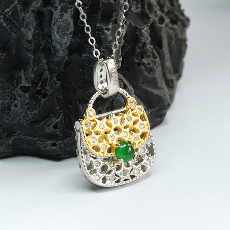 S925 Sterling Silver Jade Zircon Hollow Bag Necklace with Ice Emperor Green Jade