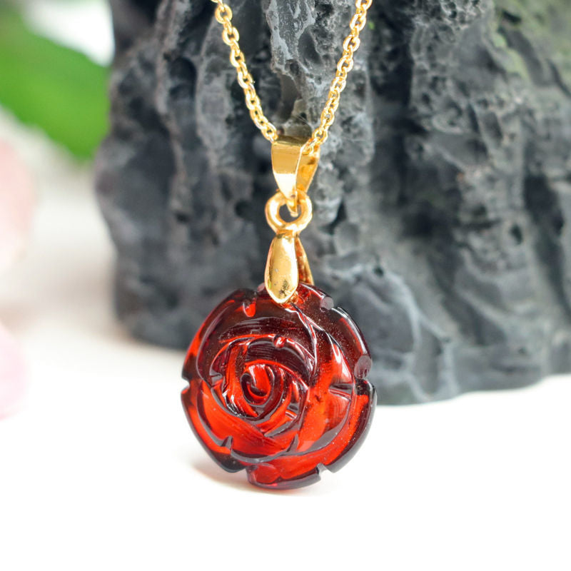 Rose Amber Jewelry Necklace with Beeswax Pendant