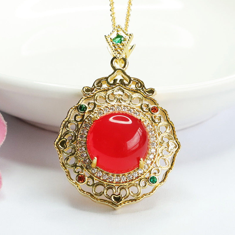 Vintage Sterling Silver Red Agate Chalcedony Pendant with Golden Hollow Luxurious Design