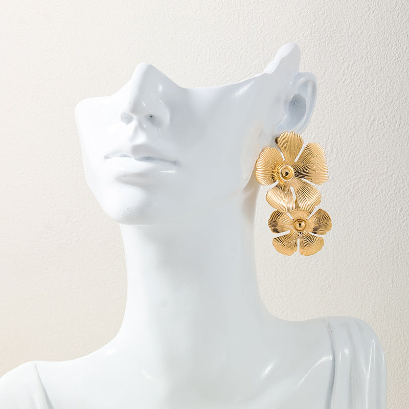 Exaggerated Metal Flower Earrings with Retro Flair