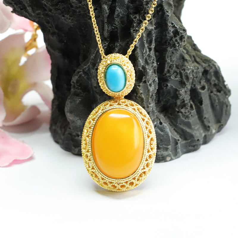 Golden Lace Edge Beeswax Amber Necklace with Sterling Silver Charm