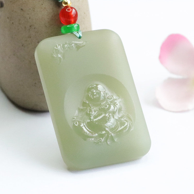 Buddha Carving Hetian Jade Pendant with Sterling Silver Details