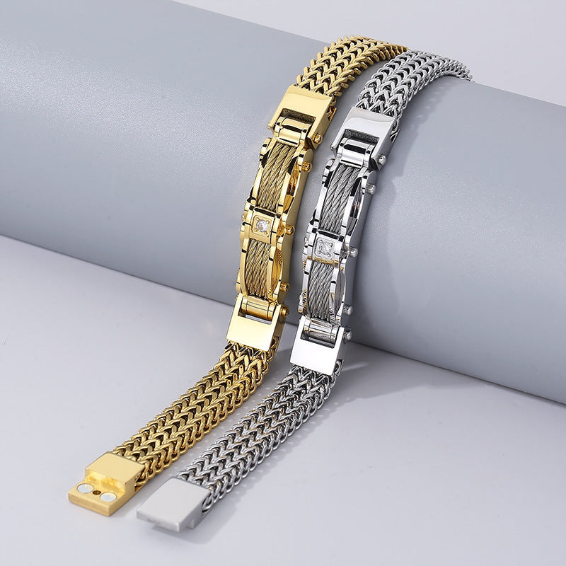 Men's Zircon-Studded Gold Stainless Steel Bracelet - European and American Hipster Style