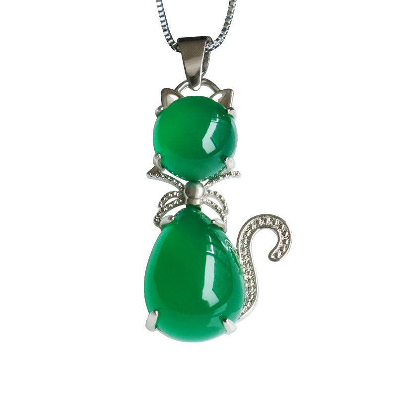 Natural Green Chalcedony Cat Pendant Jewelry