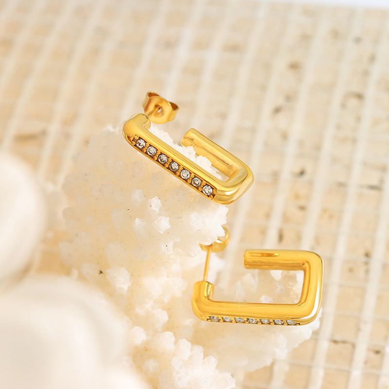 Chic Geometric Earrings with Zircon Accents in Gold-Plated Titanium Steel