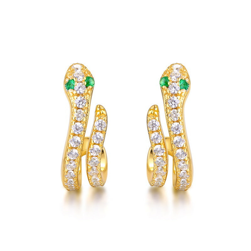 Green Eye Snake Zircon C Shape Sterling Silver Stud Earrings