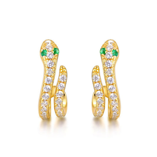 Green Eye Snake Zircon C Shape Sterling Silver Stud Earrings