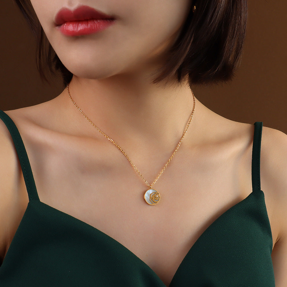 French Retro Rose Shell Zircon Pendant Necklace - 18K Gold-Plated Titanium Steel Jewelry