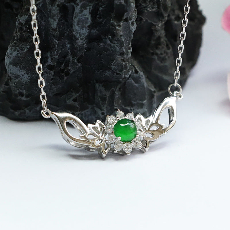 Ice Emperor Green Jade Lotus Necklace with Zircon Accent