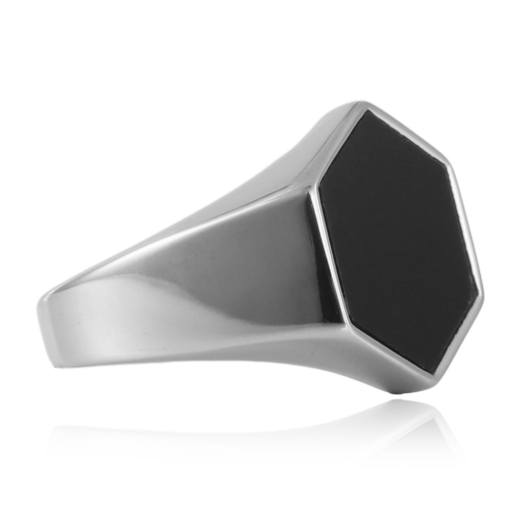 Trendy Hexagonal Titanium Steel Ring for Men and Women - Punk Retro Multi-Color Design