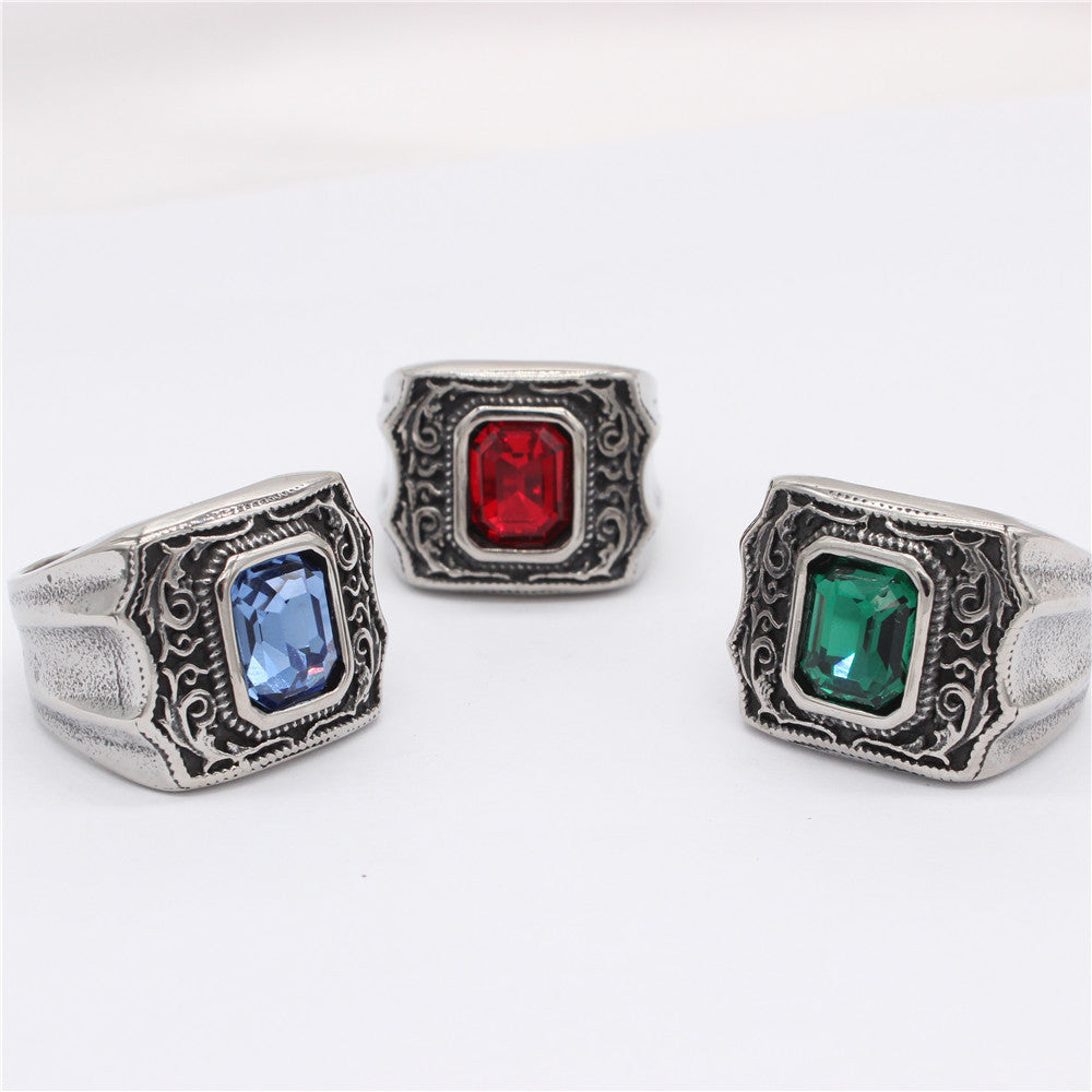 Palace Style Rectangle Zircon Titanium Steel Ring for Men