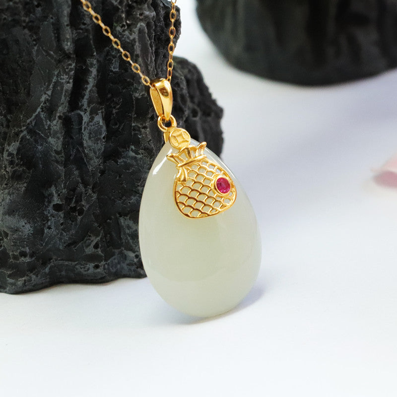 Water Drop White Jade Money Bag Necklace crafted in S925 Sterling Silver with Hotan Natural Jade