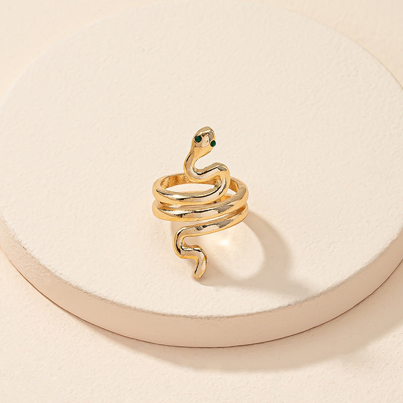 Retro Metal Snake Ring with Green Eye Detail - Vienna Verve Collection