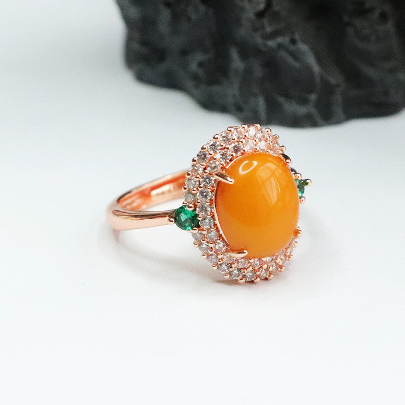 Vintage Russian Amber Ring with Green Zircon Halo