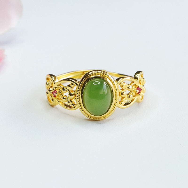 Exquisite Hetian Jade and Jasper Sterling Silver Hollow Ring