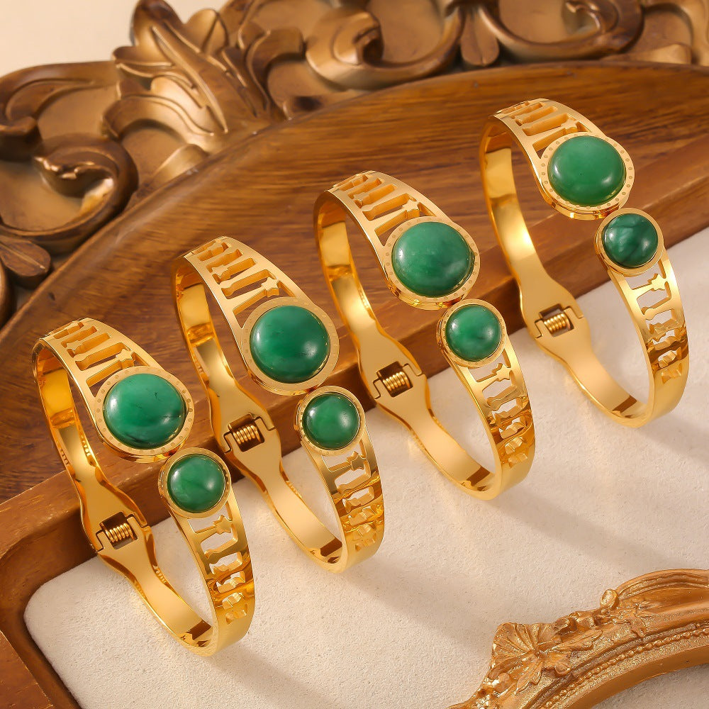 Tianhe Green Stone Roman-inspired Multi-layer Bracelet with Hollow Design